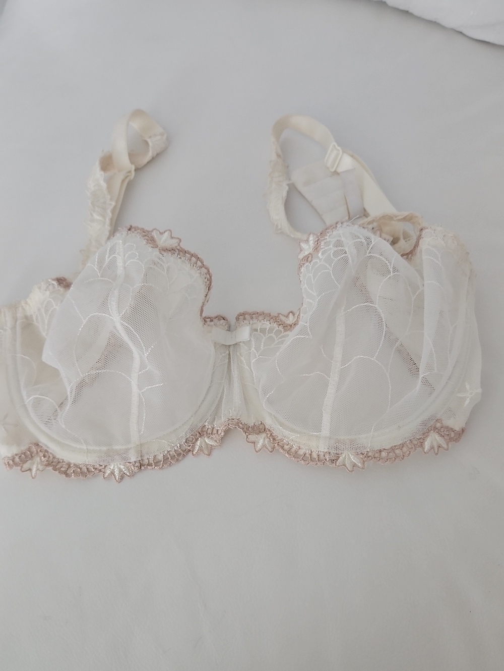 Chantelle Sheer Lace Underwire Bra in Ivory with Tan Trim